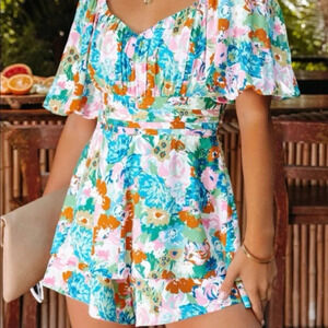 Vici romper colorful floral print off shoulder puff pleats vneck tropical
